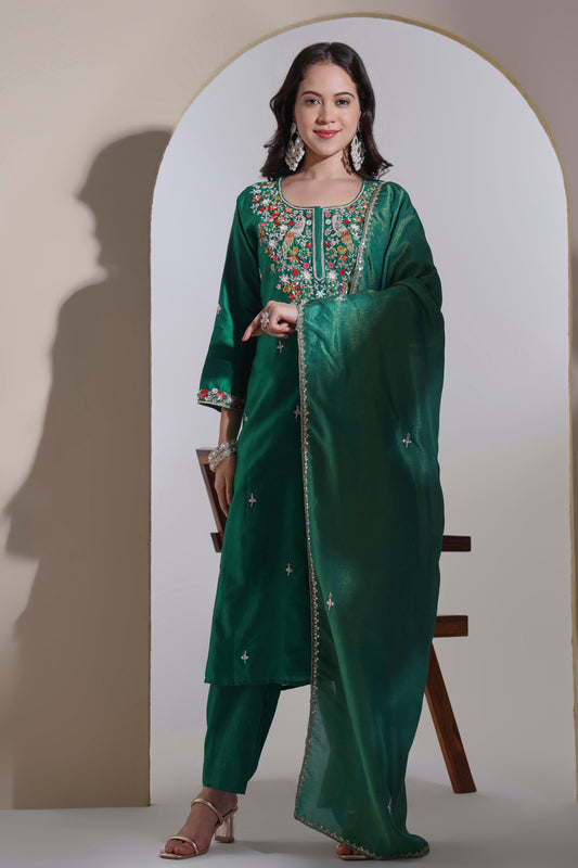 Bottle green Chanderi Kurta Set with Hand embroidery