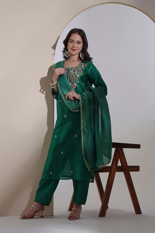 Bottle green Chanderi Kurta Set with Hand embroidery