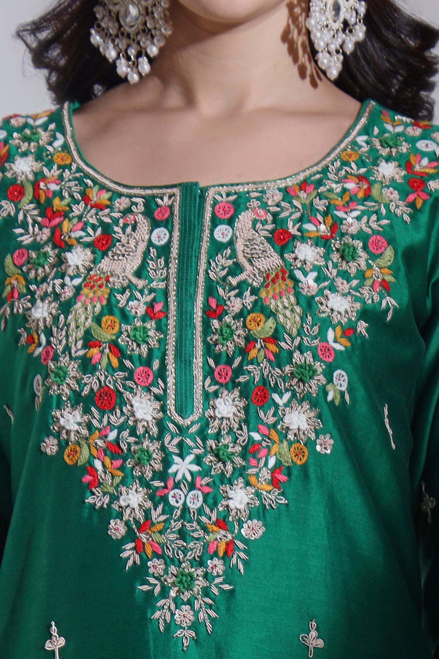 Bottle green Chanderi Kurta Set with Hand embroidery