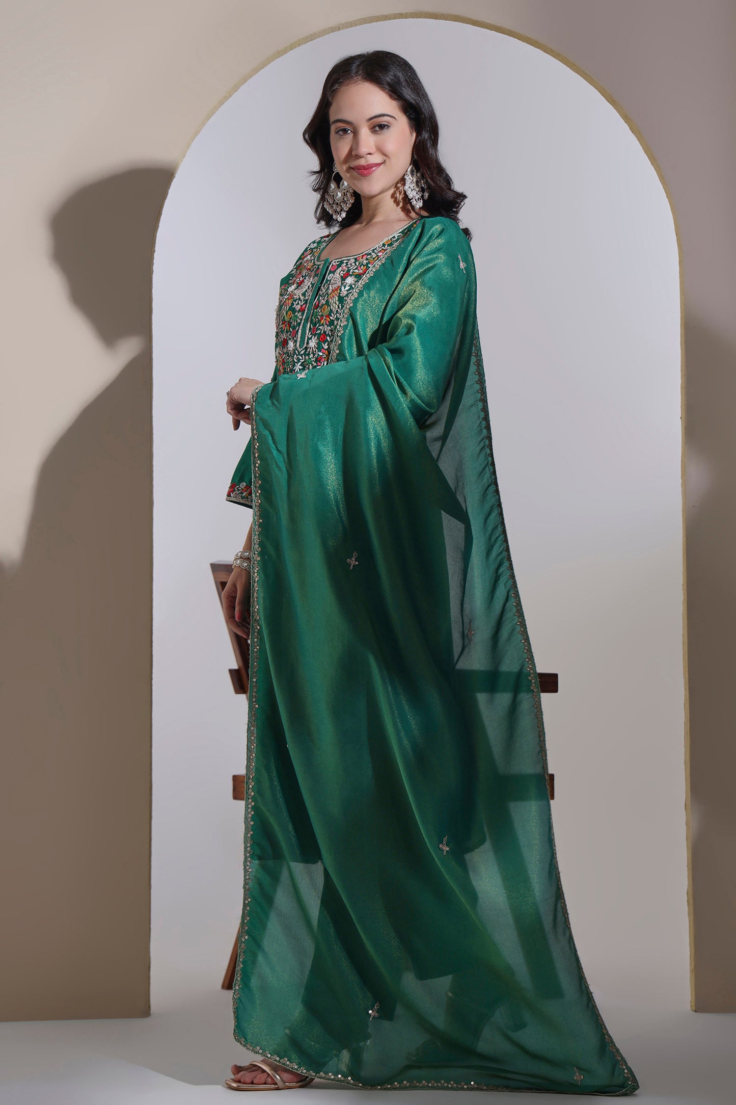 Bottle green Chanderi Kurta Set with Hand embroidery