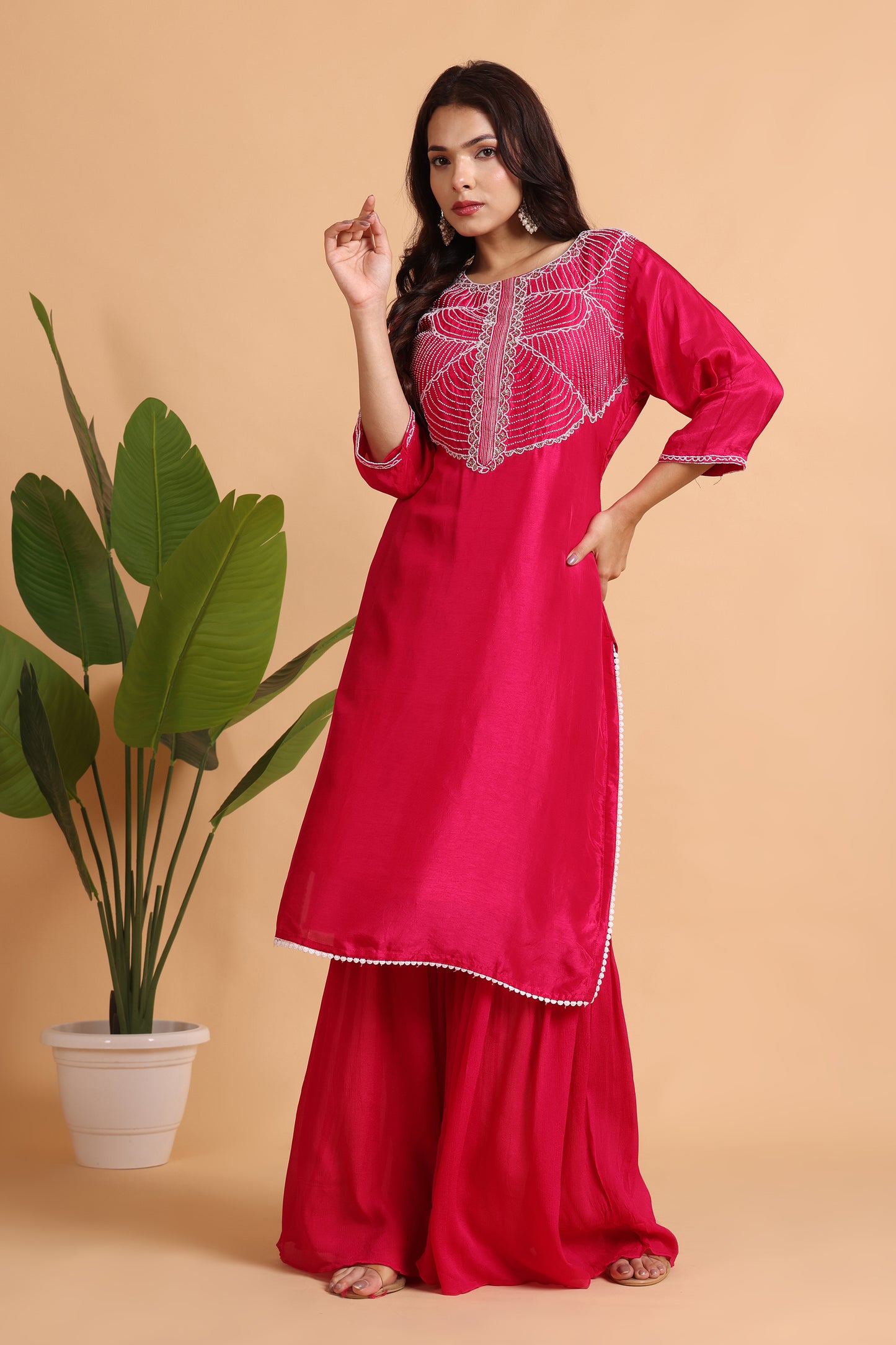 Fuschia Sharara Set with Hand embroidery