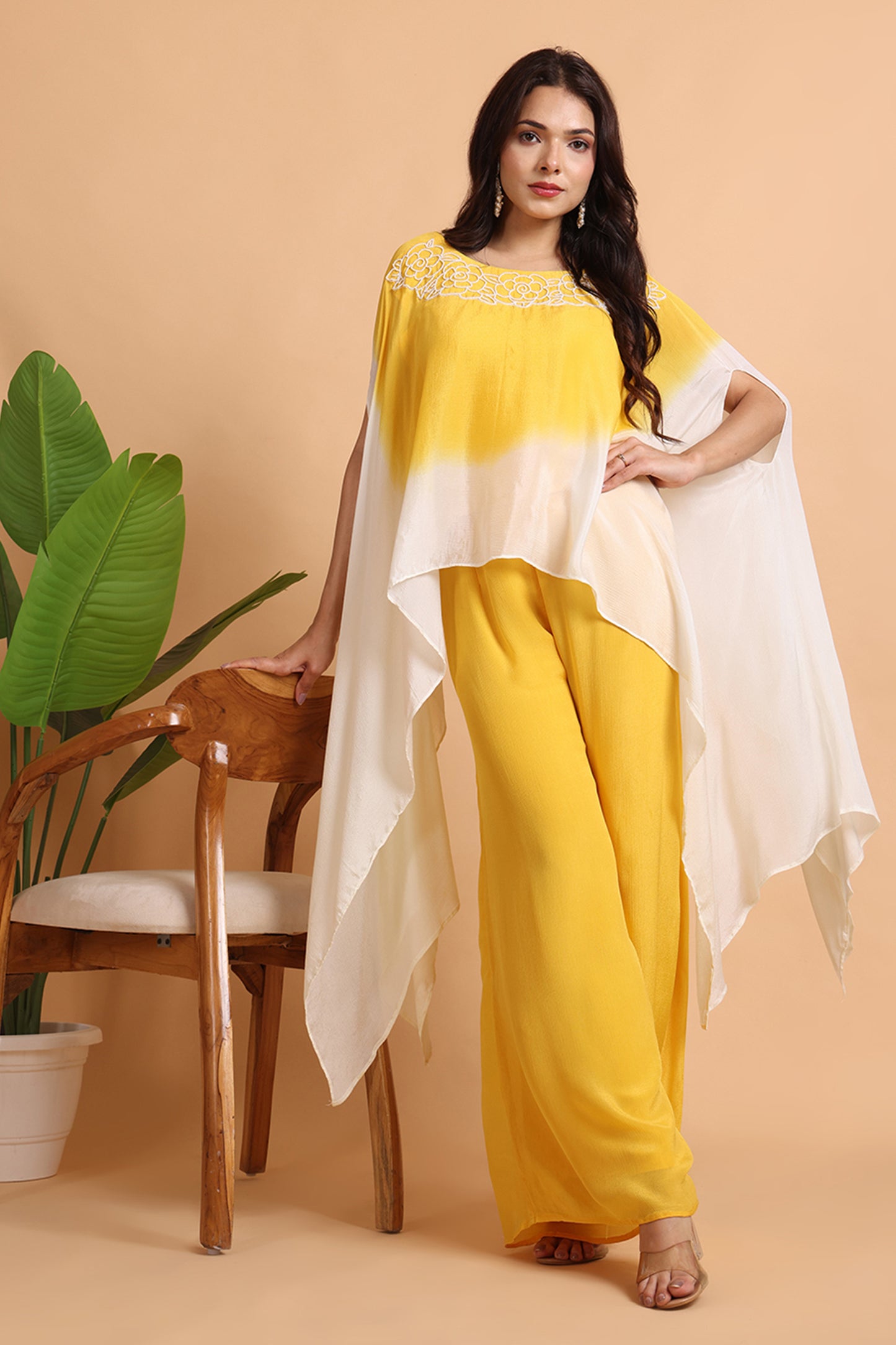 Yellow Chiffon Cape set with hand embroidery