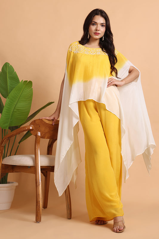 Yellow Chiffon Cape set with hand embroidery