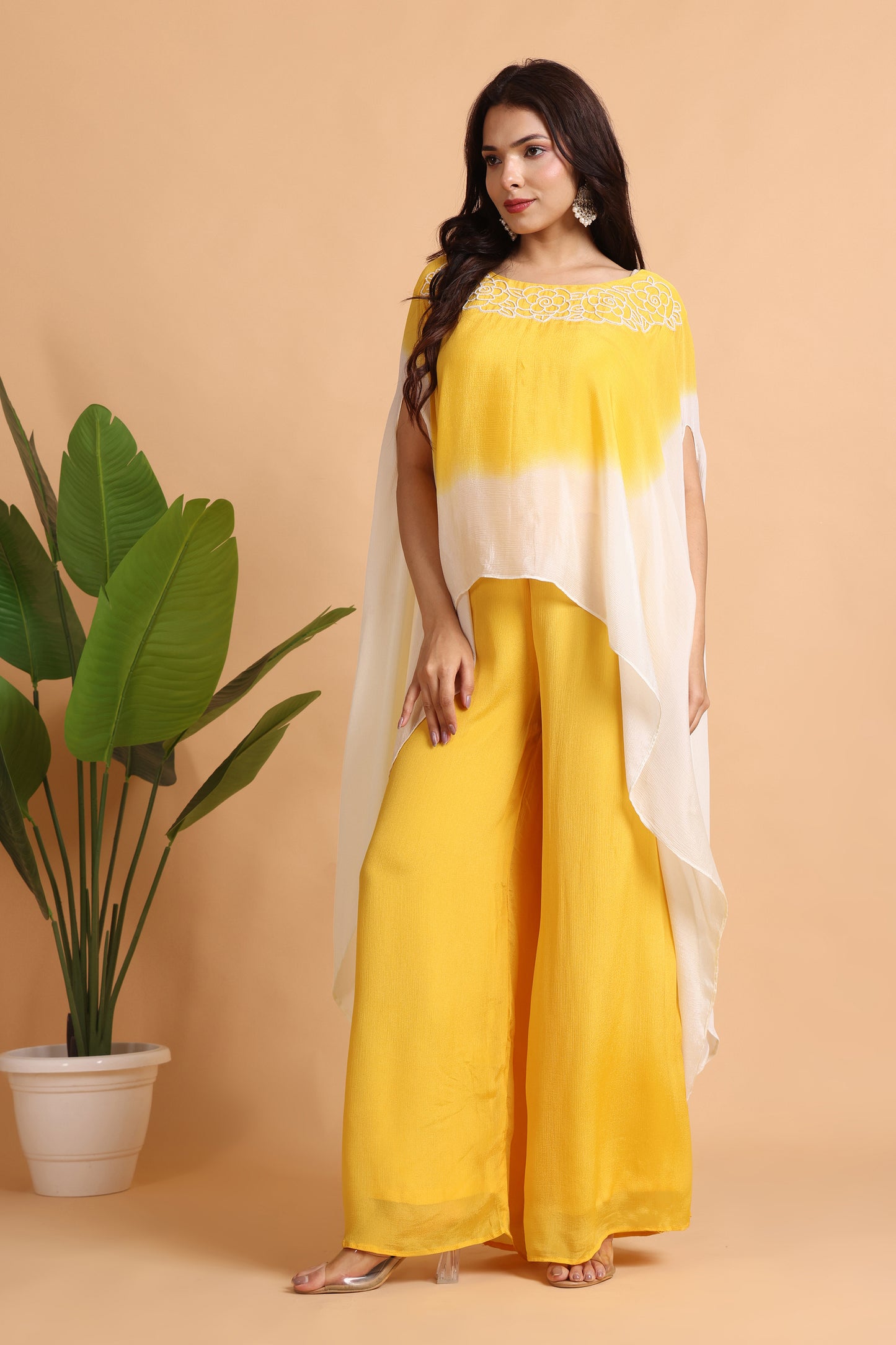 Yellow Chiffon Cape set with hand embroidery