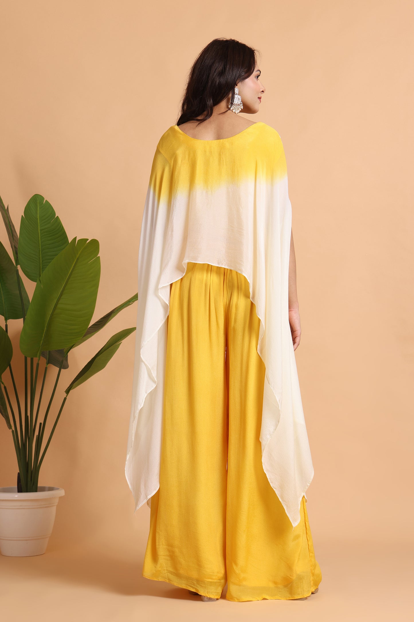 Yellow Chiffon Cape set with hand embroidery