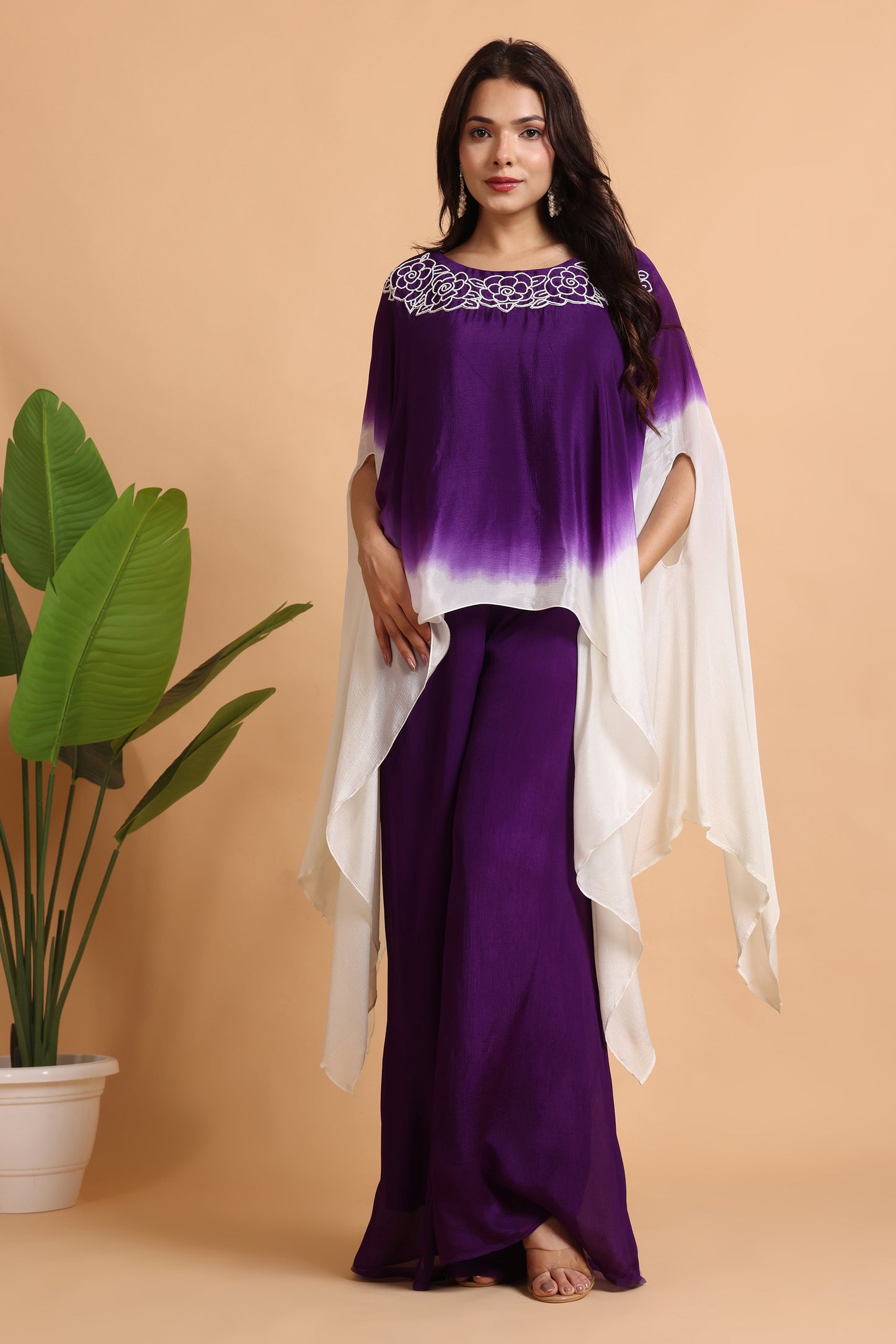Purple chiffon Cape set with hand embroidery