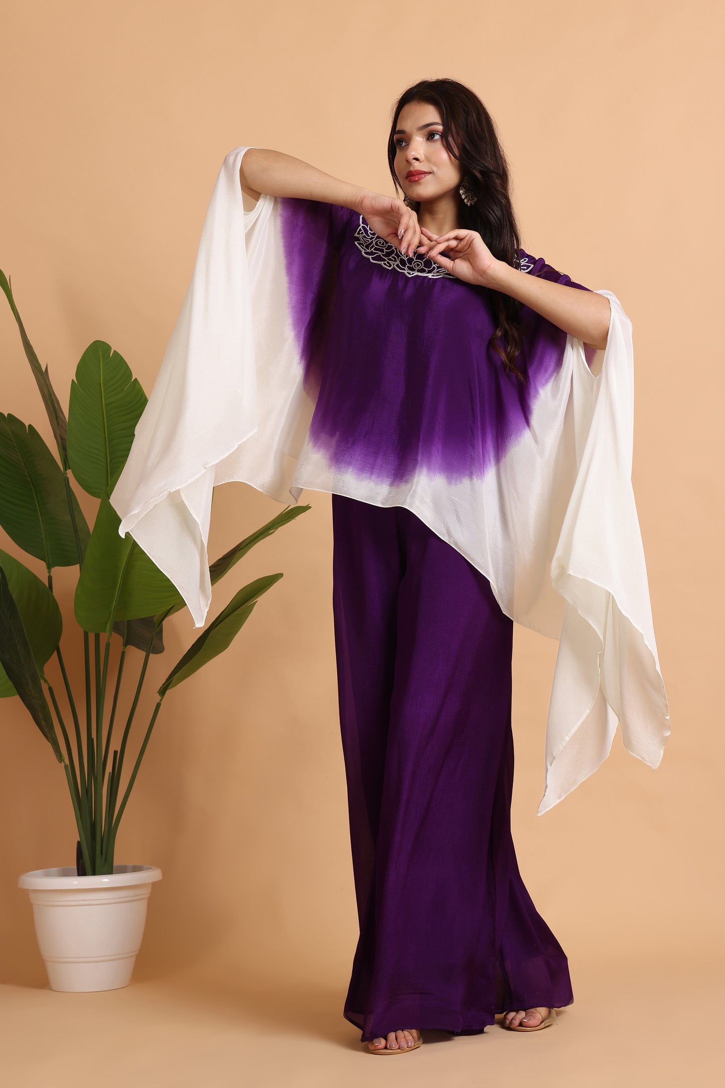 Purple chiffon Cape set with hand embroidery