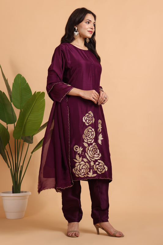 Wine silk Kurta set with floral embroidery