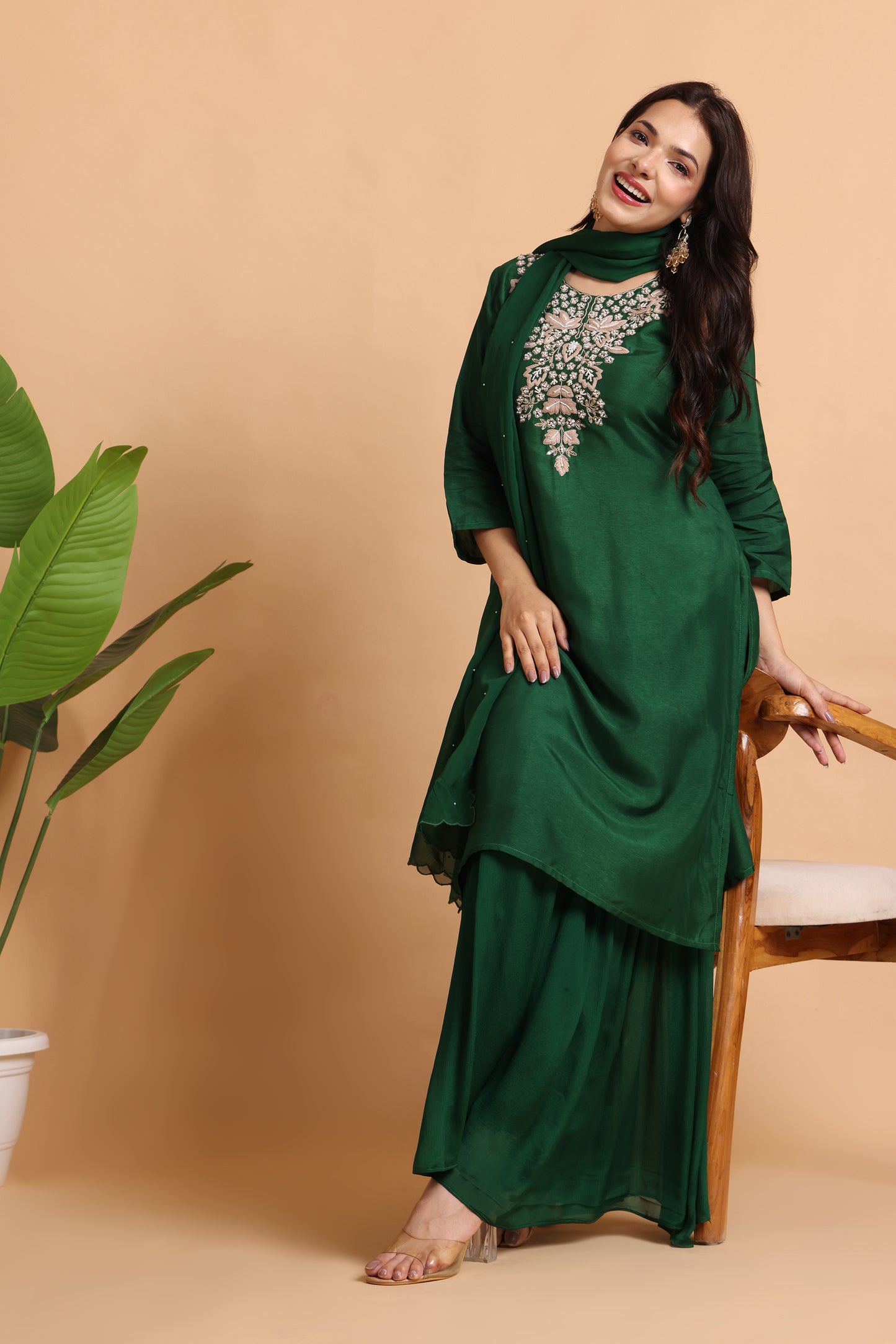Green Silk sharara set with hand embroidery