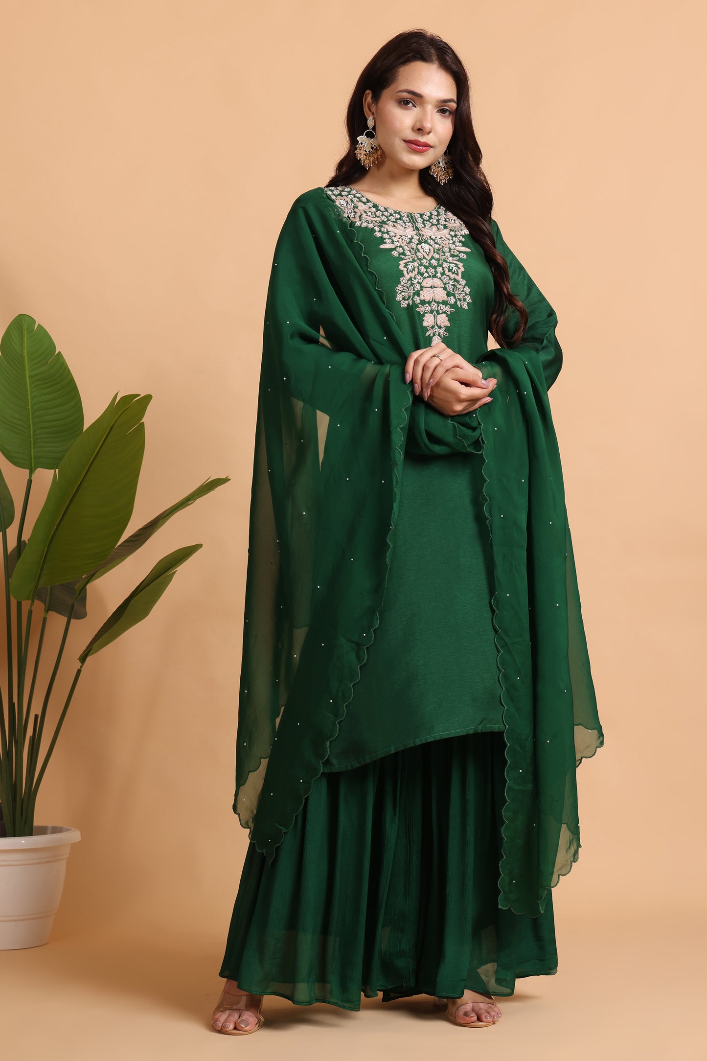Green Silk sharara set with hand embroidery