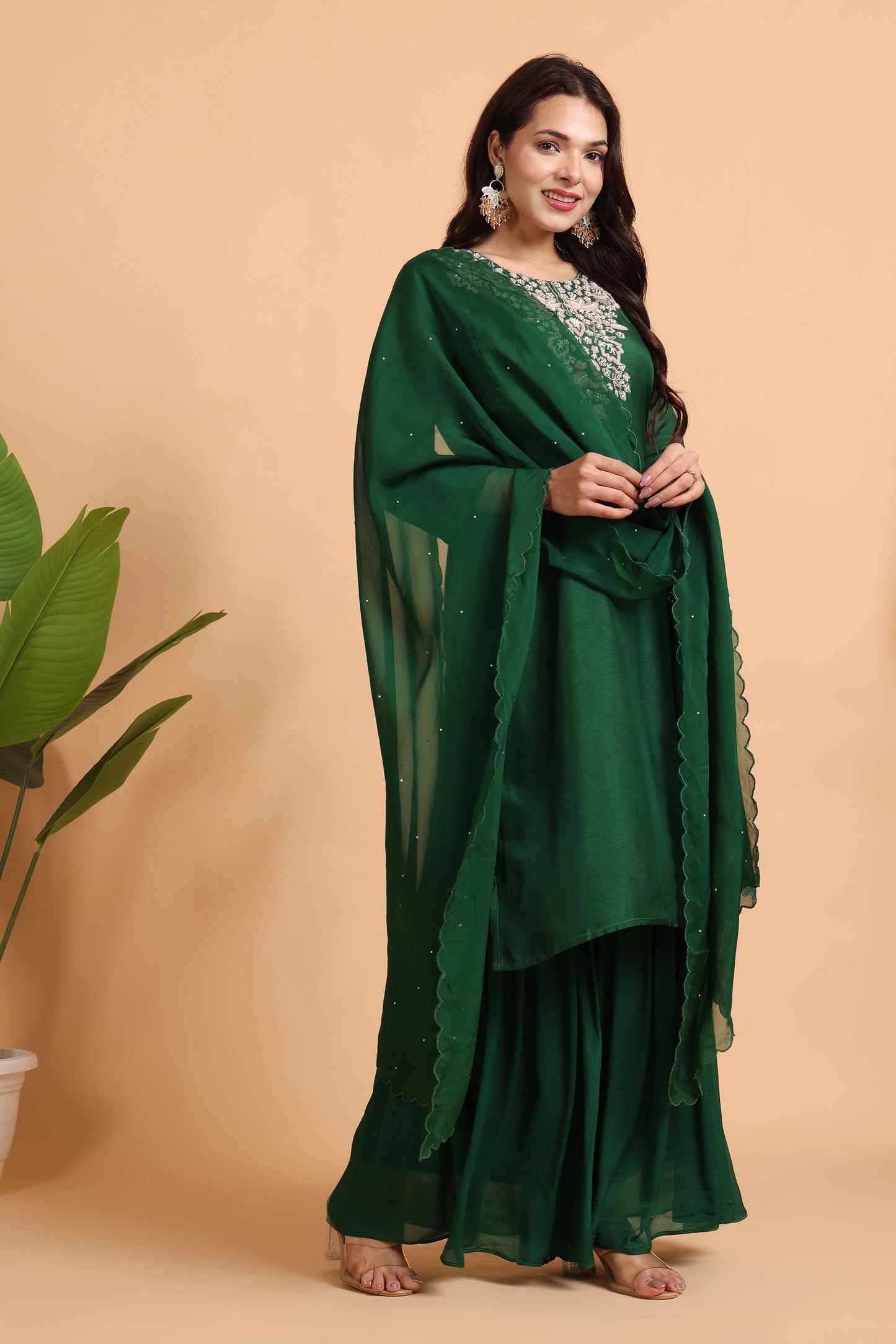 Green Silk sharara set with hand embroidery