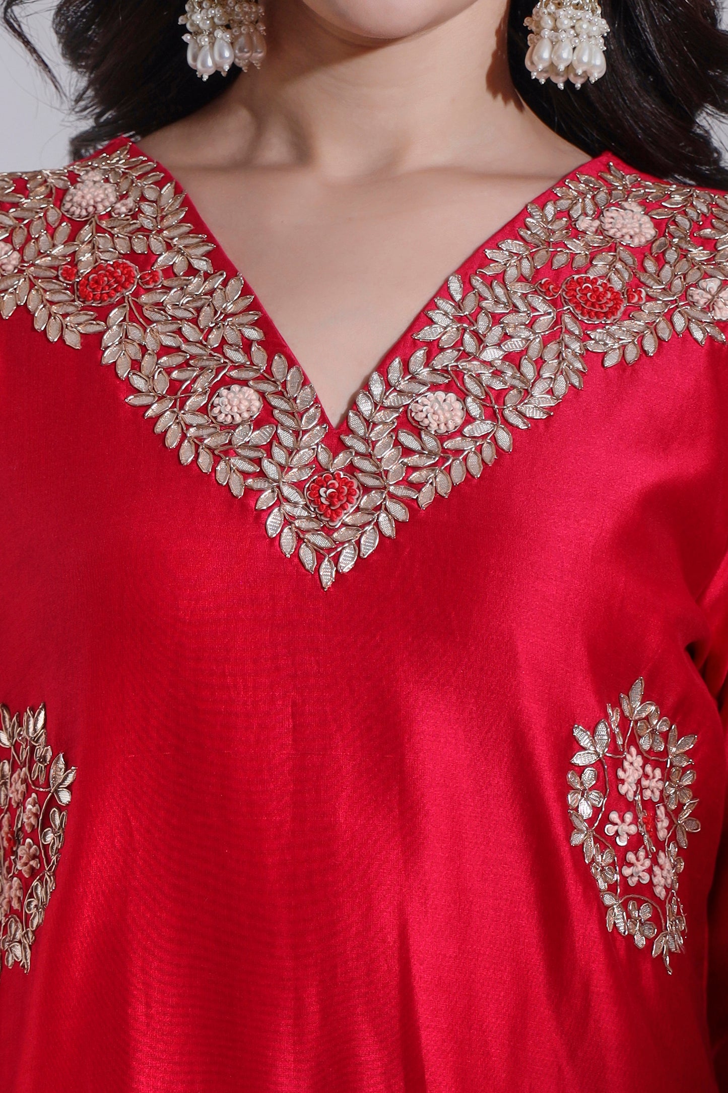 Red Chanderi Kurta Set with Hand embroidery